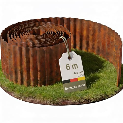 novaterra® Rasenkante aus gewelltem Cortenstahl - 6m, 15cm Höhe, 0,5mm Stärke - Rostoptik Beetbegrenzung, Flexible Rasenkante für Garten & Mähroboter