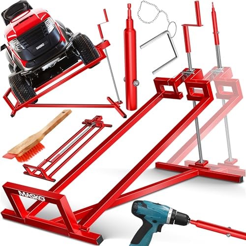MASKO® XXL Rasentraktorheber 450 kg Hebevorrichtung Hebebühne Aufsitzmäher – Rasentraktor Heber, 45° verstellbar, universal Reinigungshilfe mit Adapter & Zubehör, Rot