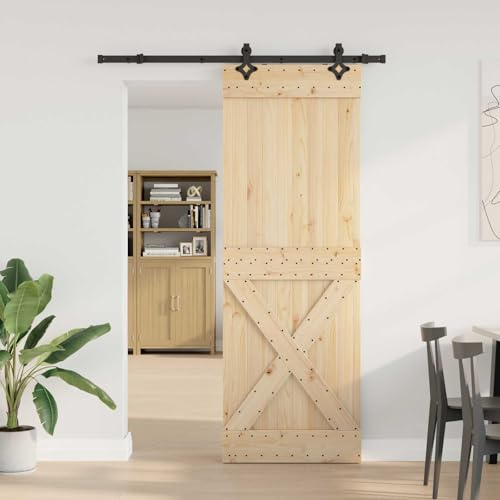 Teenpull Porta scorrevole Narvik in legno di pino massiccio e acciaio verniciato a polvere, 80 x 210 cm, con meccanismo a porta scorrevole nero e design salvaspazio, per interni e divisori