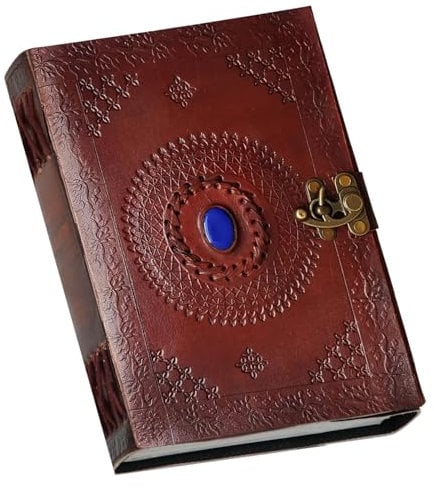 Jaald 25 cm Notizblock Notizen Notizbuch Seiten Handgemacht Album Tagebuch Leder mit Lederbezug Geschenke Antik Keltische Schliesse blauer Stein Gross