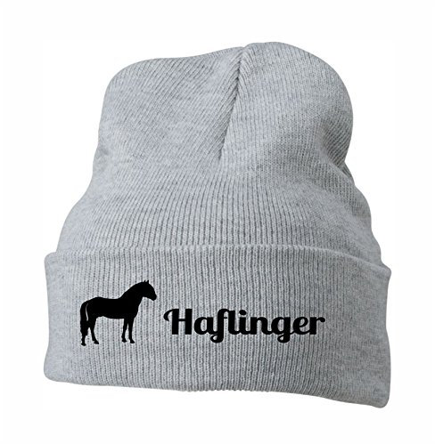 siviwonder Strickmütze Pferde - Haflinger Sport und Freizeitpferd Freiheitsdressur - Stickerei Pferd Winter Mütze Wintermütze Beanie Mütze hellgrau-schwarz