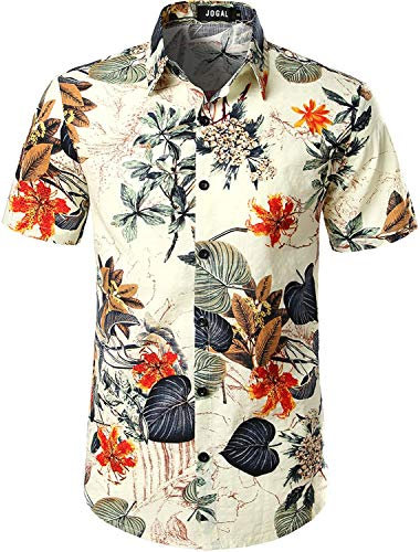 JOGAL Mens Flowers Casual Aloha Hawaiian Shirt White X-Large