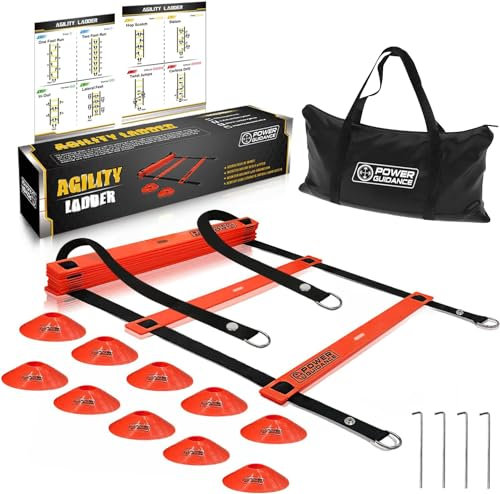 POWER GUIDANCE Koordinationsleiter Fussball trainingszubehör 6m für Fußball Training mit 10 Fussball Hütchen Tragetasche & Übungstabelle Fußball trainingsset Agility Speed Leiter