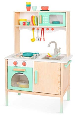 B. toys Kinderküche Holz mit Zubehör, Spielküche Holz, Holzküche – Mikrowelle, Ofen, Waschbecken, Herd, Geschirr Holzspielzeug ab 2 Jahren (33 Teile)
