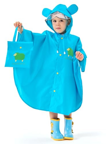 JTENG Poncho Imperméable pour Enfant, Poncho de Pluie Chapeau élargi Enfant avec Bandes Réfléchissantes (FR/ES, Alpha/lettres, S, Taille normale, Taille normale, Bleu)