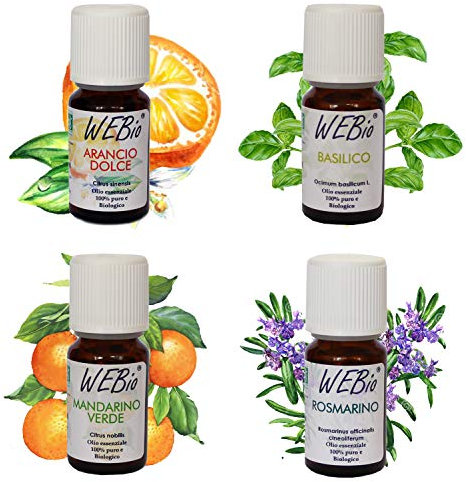 WEBio - Kit Agrumato di Oli essenziali Bio - 100% Puri e Naturali - 4 Oli - Aromi Alimentari, Arancio Dolce, Basilico, Mandarino Verde, Rosmarino - Relax - Benessere - Made in Italy