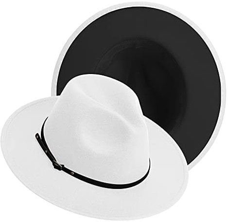 Zweifarbige breite Krempe Fedora-Hüte klassischer Filz-Panamahut mit Gürtelschnalle für Damen und Herren, Außen weiß, innen schwarz, Large