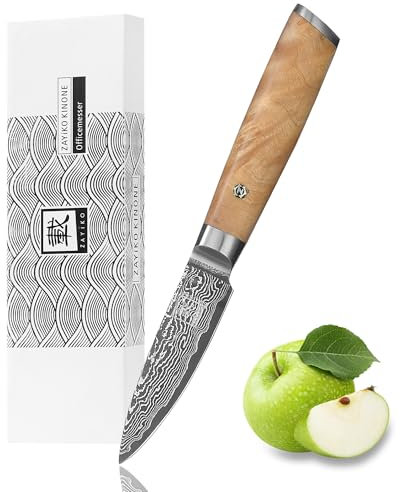 zayiko Damast Officemesser Klinge 8 cm I aus 67 Lagen I Damastmesser Küchenmesser aus echtem schwarzen Damaststahl mit Wurzelholzgriff Birke Serie Kinone