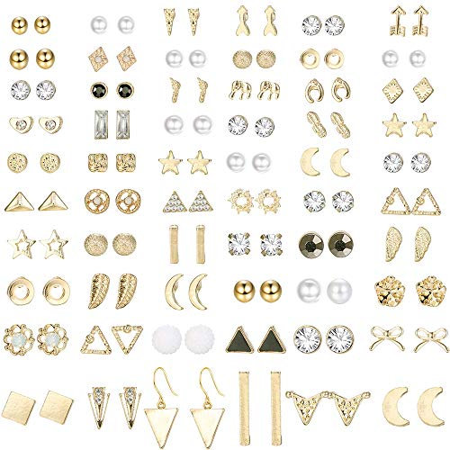 LOLIAS 60 Paar Edelstahl Ohrstecker für Damen Herren Dreieck Quadrat Kreis Bar Stern Mond Geometrisch Blatt Pfeil Schleife CZ Ball Kunstperlen Ohrringe Set Silber/Gold Ton