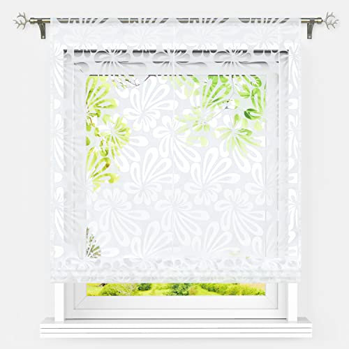 Heichkell Voile Raffrollo Ausbrenner Transparente Raffgardine Blumen Muster Bändchenrollo mit Tunnelzug Dekorativer Vorhang für Küche Weiß BxH 60x155 cm