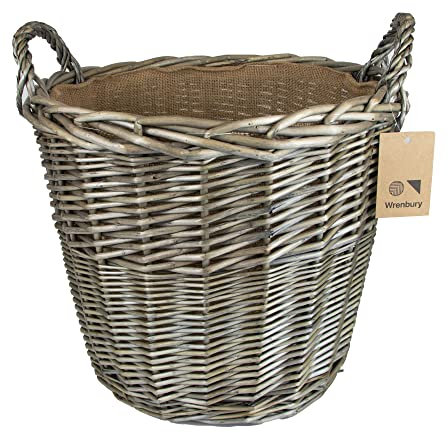 Wrenbury Willow Round Wicker Storage Basket With Hessian Lining | Blanket Living Room | Traditional Throw Cushion Lined Belly Basket With Handles 51cm Dia