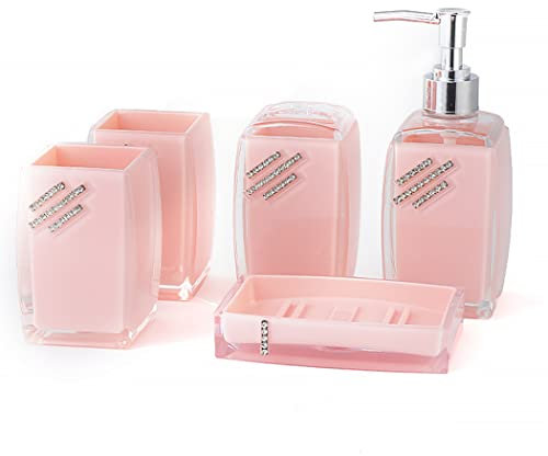 Tauzveok Set di accessori per il bagno in acrilico, elegante accessorio per la decorazione di vanità, dispenser di sapone, portaspazzolino, contenitore per dentifricio, tazza per risciacquo;,Rosa,5pcs