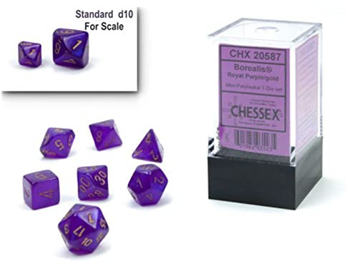 Chessex Set di dadi – Set di dadi poliedrici Borealis viola/oro luminari da 10 mm – Dungeons and Dragons D&D DND TTRPG Dadi – Include 7 dadi – D4 D6 D8 D10 D12 D20 D%