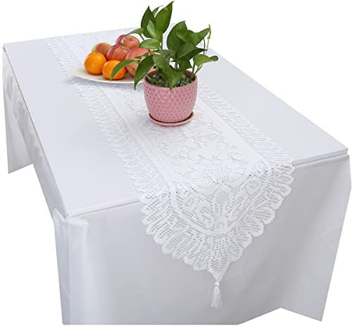 KYEYGWO Weiß Hohle Spitze Tischläufer mit Vintage Blumenmuster, Elegante Makramee Tischdecke Boho Tischwäsche mit Quasten, Landhausstil Tischtuch für Esstisch Deko Hochzeit Weihnachten 148x33 cm