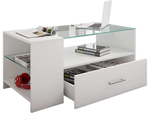 VCM Holz Couchtisch mit ESG-Sicherheitsglas | Sofatisch mit ausreichend Stauraum | Maße ca. H. 45 x B. 100 x T. 50 cm | Wohnzimmertisch mit Schublade - Tindala
