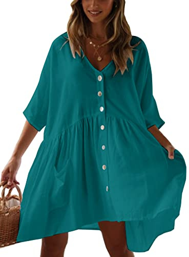 HYUET Robe de Plage Femme Été Paréo Tunique Robe de Plage Courte Col V avec Bouton Kimono Cache-Maillots Maillot de Bain Bikini Cover Up Grande Taille Beachwear pour Vacances