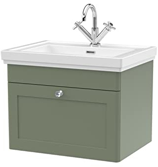 nuie CLC894A Classique Traditional Bathroom Wall Hung 1 Drawer Vanity Basin Unit with 1 Tap Hole Fireclay Basin, 600mm, Satin Green