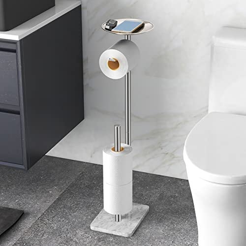 FEILERN Toilet Paper Holder Stand for Bathroom Floor Standing Toilet Roll Dispenser Storages 4 Reserve Rolls, with Top Storage Shelf for Cell Phones, Wipe, Wallet and More(Marble Brush Nickel)