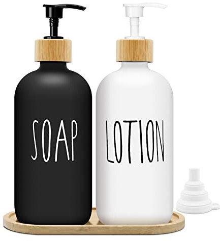 Distributeur de Savon Noir et Blanc Mat Set 500ml Distributeur de Savon en Verre avec Plateau Distributeur de Liquide Vaisselle Distributeur de Savon pour la Cuisine et la Douche (Blanc + Noir)