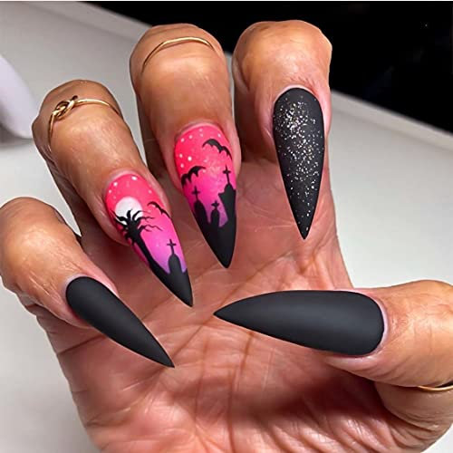 Brishow Künstliche Nägel, schwarz, Fledermaus, Halloween-Dekorationen, Press on Nails mit spitze, Nägel zum Aufkleben, 24 Stück, für Damen und Mädchen