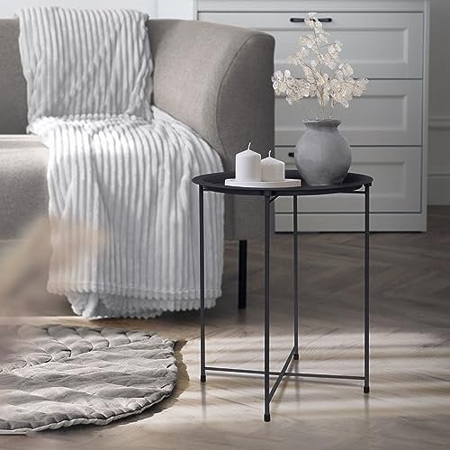 ML-Design Beistelltisch rund Ø43xH52 cm aus Metall, Anthrazit, Couchtisch mit abnehmbarem Tablett, klappbar, stabil, Wohnzimmertisch Sofatisch Kaffeetisch Nachttisch Gartentisch, für Getränke & Snacks