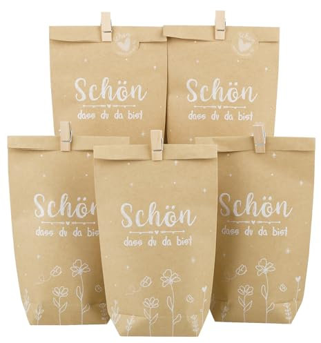 BOFUNX 12pcs Geschenktüten Set schön dass du da bist - Dankeschön Kraftpapiertüten+12pcs Holzklämmerchen+12pcs Aufklebern zum Verpacken für Einschulung Hochzeit Geburtstag Taufe Konfirmation Kommunion
