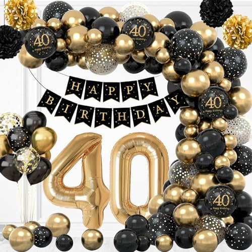 AivaToba 40. Geburtstag Deko Frau Mann: Schwarz Gold Konfetti Luftballons, Banner, Pom Poms, Ballonkette, Klebepunkt