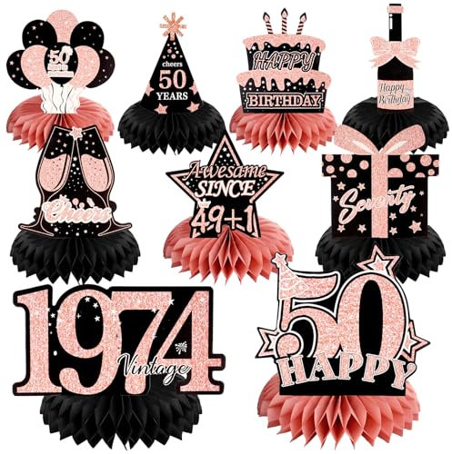 Tischdeko 50 Geburtstag Frauen, 9 Stück, 50. Geburtstagsdeko, Deko 50. Geburtstag Mädchen, Roségold-Schwarz Papier Geburtstag Bienenwaben Deko fürGeburtstagsparty Zubehör