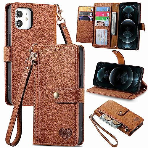 VEEMOS Zipper Wallet Case for Apple iPhone 12 Mini Phone Case with Purse Card Holders RFID Blocking Leather Flip Case Book Cover Wrist Strap Women - Brown