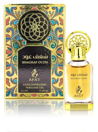 Ayat Perfumes - Parfümöl 12ml - Parfüm-Extrakt ohne Alkohol, hochwertiger Moschus, Unisex, Orientalisch, Arabisch, Oud, Natürlich, Amber, Duft: Dubai (Shaghaf Oud 12ml)