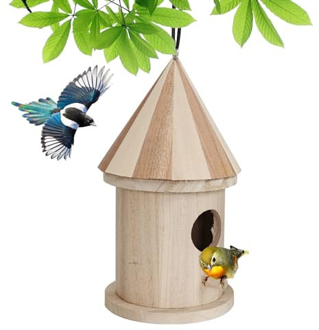 Hölzerner Vogelhaus hängen DIY Outdoor minimalistischer Stil Schutz wetterfestes Vogelhaus Nistkasten für Gartenhof Balkon, runde Tür, Vogelkisten
