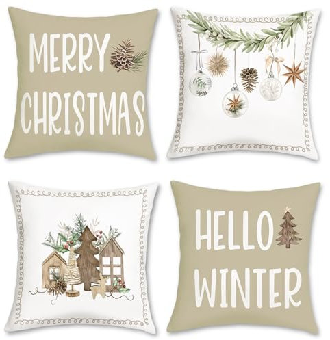 Bonhause 4er Set Kissenbezug Weihnachten 45 x 45 cm Weihnachtsbäume Weihnachtsbälle Kiefernblätter Dekorative Kissenhülle Zierkissenbezüge für Sofa Zuhause Weihnachten Dekoration