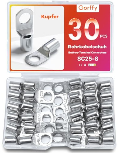 Gorffy Rohrkabelschuhe Set 30 Stück - SC25-8 Kabelschuhe, Verzinntes Kupfer Ringkabelschuhe, SC Rohrkabelschuh, 25mm², M8 für Kfz Batteriekabel