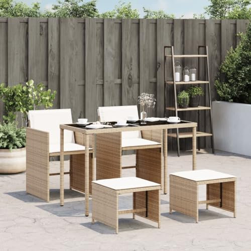 KATERYY 5-TLG. Garten-Essgruppe mit Kissen Beige Poly Rattan,GartenEssgruppe mit Polster & klappbaren Stühlen für extra Komfort und Platzersparnis