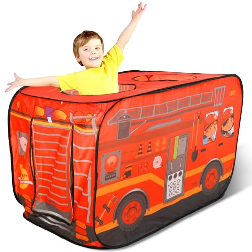 Pop Up Tent for Kids Toddlers, Waterproof Foldable Firetruck Tent Toy, Easy Set Up Role Play Firefighter Tents, Indoor and Outdoor Red Fire Engine Toys Gift for 3-5 Boys Girls