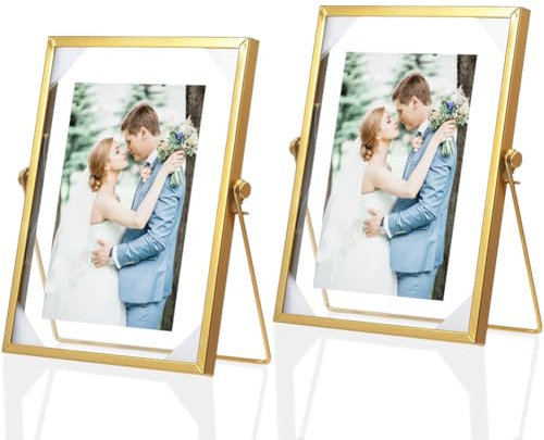 IVEOPPE Bilderrahmen A5 Glas Metall Gold - 2 Stück 15 * 20cm Glasbilderrahmen, Doppelglas Bilderrahmen für Zuhause und Büro Pflanzenprobe,Getrockneter Blumen