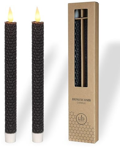 comforder Echtwachs LED Kerzen mit flackernder Flamme (2er Set), elektrische Stabkerzen mit Timerfunktion, Kerzen batteriebetrieben, Bienenwaben-Optik (Schwarz)