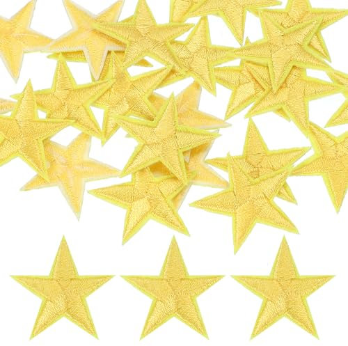 PATIKIL 30mm Iron on Patches for Clothes, 30Pcs Star Patch Hot Melt Adhesive Sew Embroidered Appliques for Clothing Decoration Backpack Jean Hat, Light Yellow