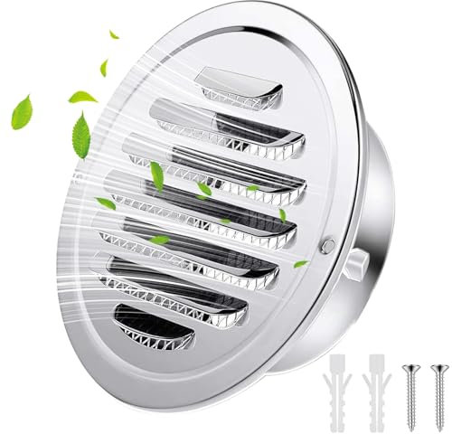 Grille d'aération en acier inoxydable 120mm avec vis et chevilles Protection contre les intempéries Lamelles avec moustiquaire et boucle Grille d'évacuation d'air ronde Visser et bride Grille