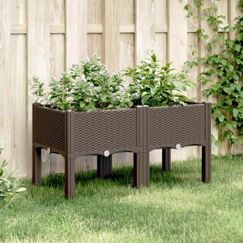 Myheimly Pflanzkasten mit Beinen Rattan-Optik, Pflanzkübel für Garten Terrasse, Blumenkasten Hochbeet Gemüsebeet Braun 80x40x42 cm PP