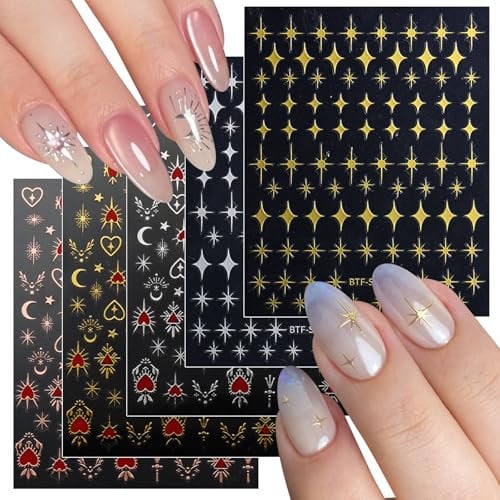 JMEOWIO 12 Sheets Moon Star Nail Art Stickers Decals Self-Adhesive Nail Supplies Nail Art Design Decoration Accessories