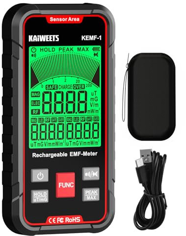 KAIWEETS EMF Messgerät, Gleichzeitige Anzeige von EF/MF/RF-Daten, LED-Display, Typ-C-Ladeanschluss, Tragbar für Zuhause, Büro und Außenbereich