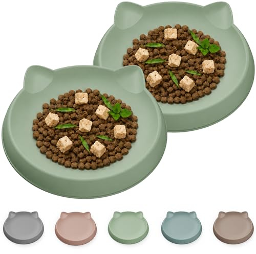 Wingcases Cat Bowls for Indoor GENTLE Small Kitten (2pcs, Light Green, Soft Silicone) Shallow Wide Plates Feeder Whisker Fatigue Relief Cute Pet Kitty Food Water Dishes Set Anti Slip, Dishwasher Safe
