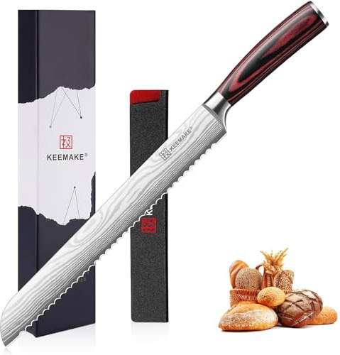 KEEMAKE Brotmesser Wellenschliff 25,4cm Professionelles Brotschneidemesser | Sägemesser Edelstahl Profi Küchenmesser mit Pakkaholz Griff & Klingenschutz, Bread Knife für Sauerteigbrot & Brötchen