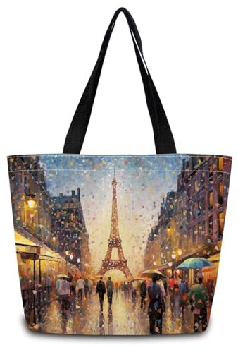 Canvas Handtasche Regnerisches Paris Strandtasche Stylische Geräumige Shopper Handtasche, Für Transport, Schule, Arbeit, 50x40cm