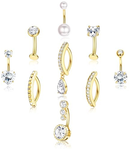 KRFY 9Stück Bauchnabelpiercing Gold/Silber Hypoallergenen Bauchnabelpiercing Chirurgenstahl Zirkonia Nabelpiercing Wasserfest Piercing Set Perle Ring Clicker Nabel Innengewinde Piercing Schmuck 14G