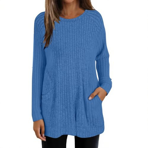 Pull long pour femme - Manches longues - Pull en tricot épais léger et ample à col rond - Pull d'hiver chaud - Couleur unie - Tunique décontractée avec poches