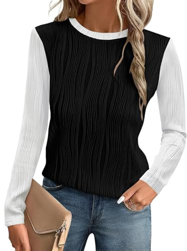 Gemulate Womens Basic Long Sleeve Tunic Tops Blouses Ladies T-Shirts Fall Winter Trendy Dressy Work Jumper Black White S