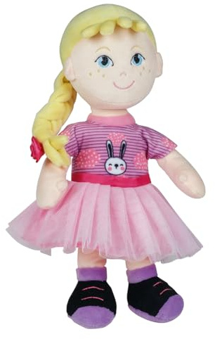 Schlenkerpuppe Anna, ca. 25 cm groß, Stoffpuppe mit blondem Zopf und Pony, Rosa Tüllrock und Shirt mit Hasen-Print, mit gestickten Augen, Nase, Mund, Handwäsche, ab 0 Monate+