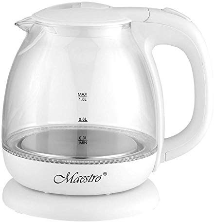 Maestro MR055 Wasserkocher Glas 1L Wasserkocher Wasserkocher Automatische Abschaltung Überhitzungsschutz Modernes Design ohne Lichtquelle (Weiß)
